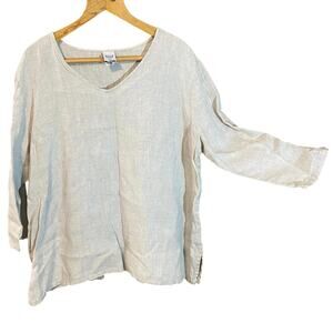 Match Point 100% Linen V-Neck Tunic Top Natural Beige cottagecore XL USA Made